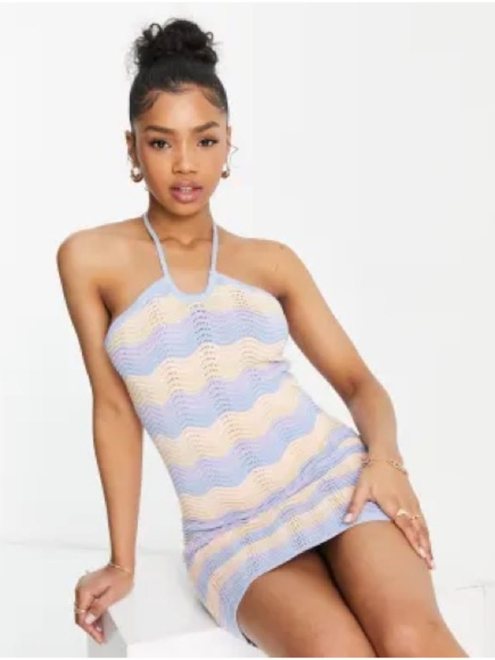 Asos Miss Selfridge Striped Crochet Halter Mini Dress - Lavender & Peach